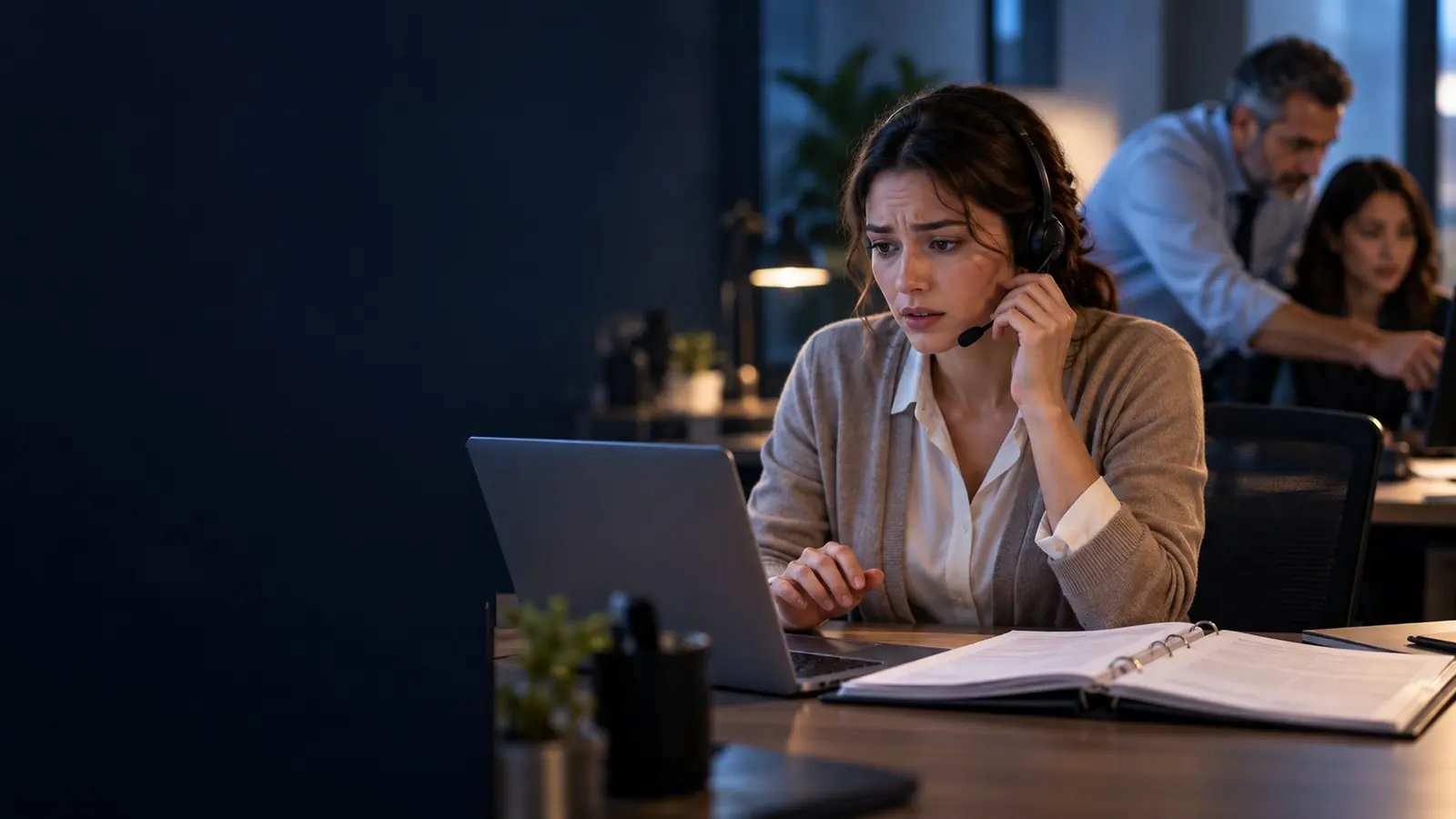 A new agent on a headset frowns at her laptop and a binder of notes while, behind her, a manager coaches someone else.